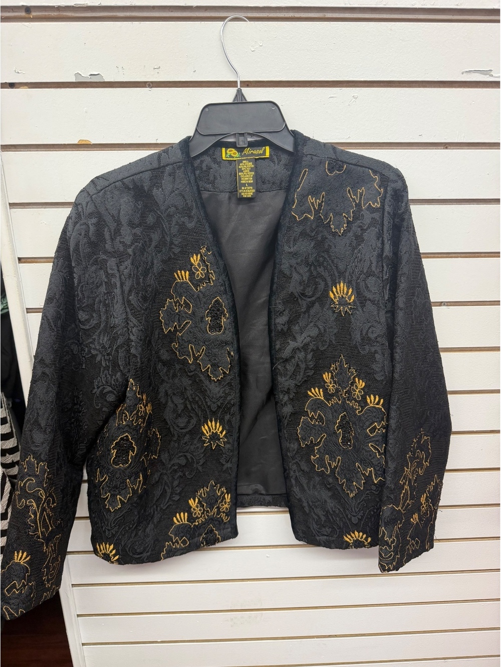 Mirasol Black Embroidered Jacquard Jacket Size L Silk Blend Open Front